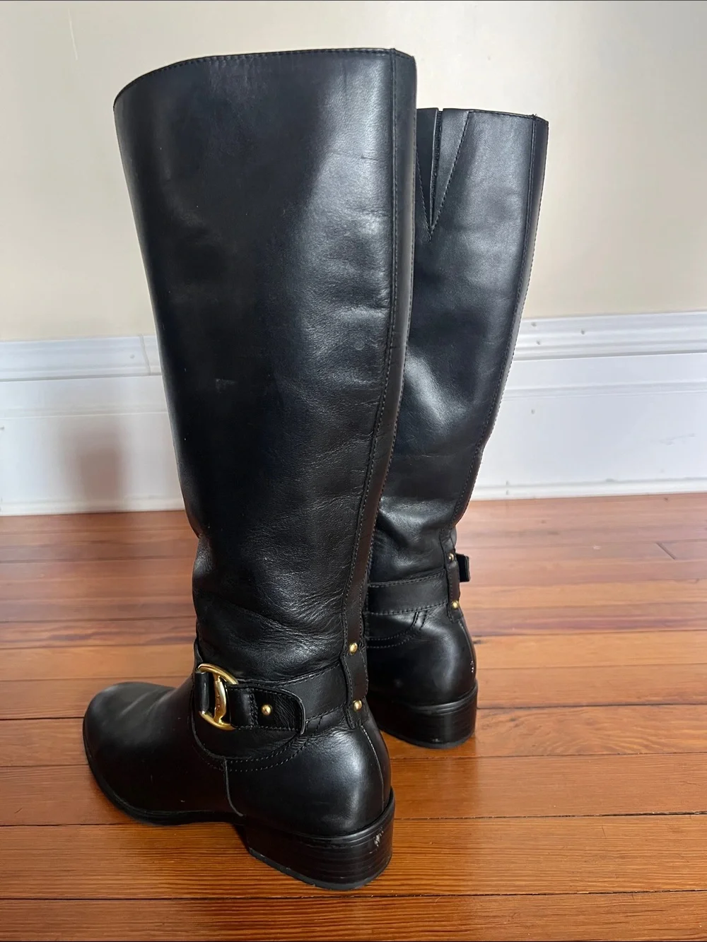 Lauren Ralph Lauren Norah Black Leather Tall Riding Boots Size 8B Gold Buckle
